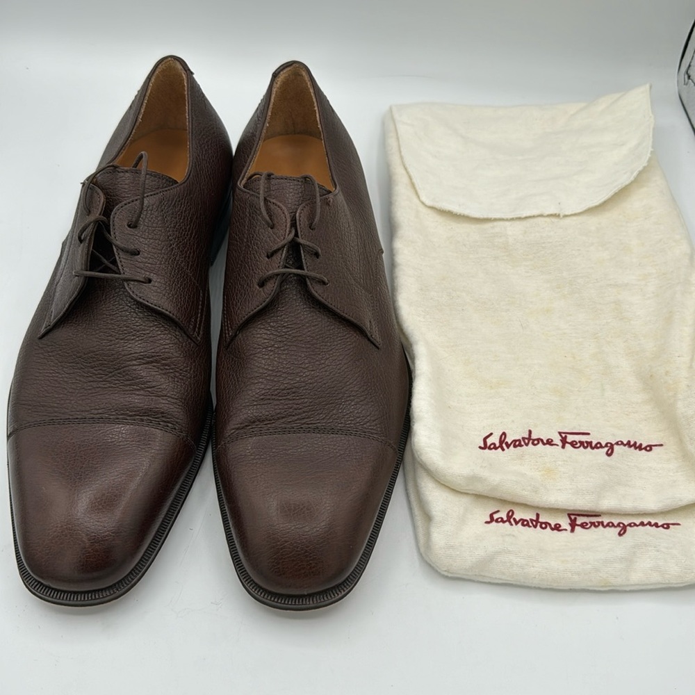 Salvatore Ferragamo Men’s Brown Leather Cap-Toe Derby Shoes